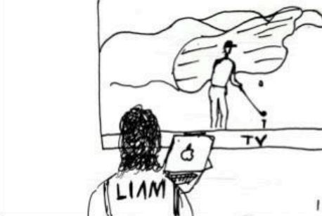Liam watches Olympic golf with laptop