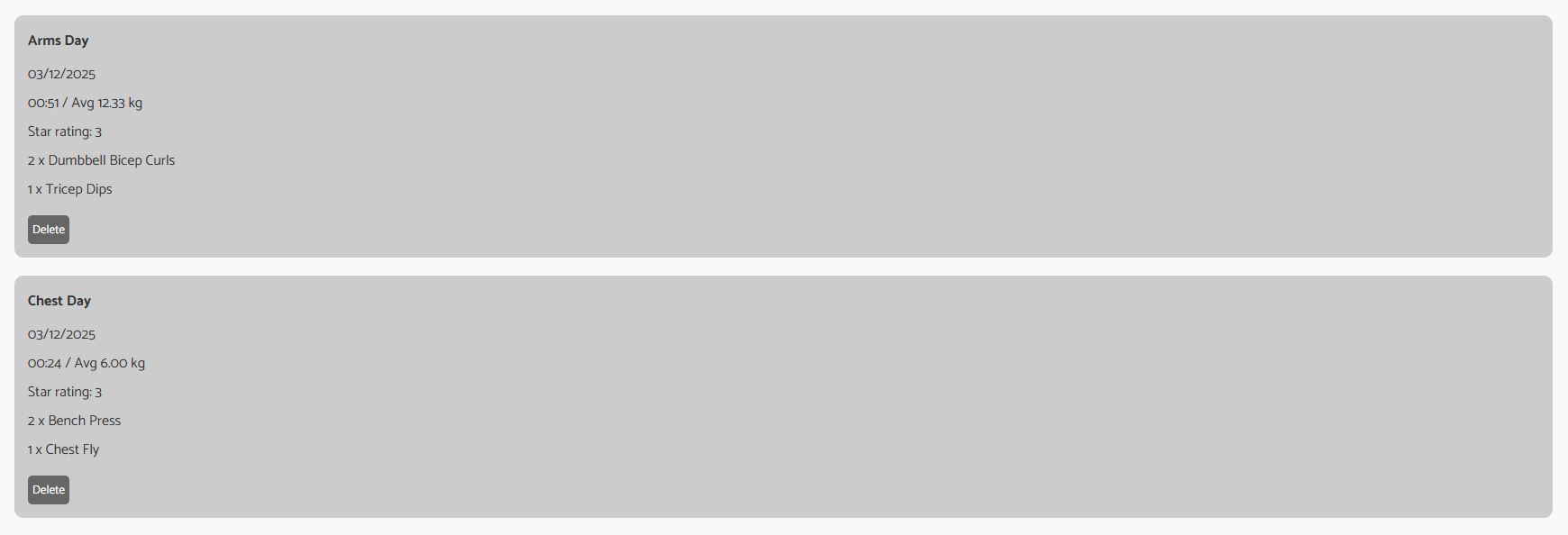 Workout history display