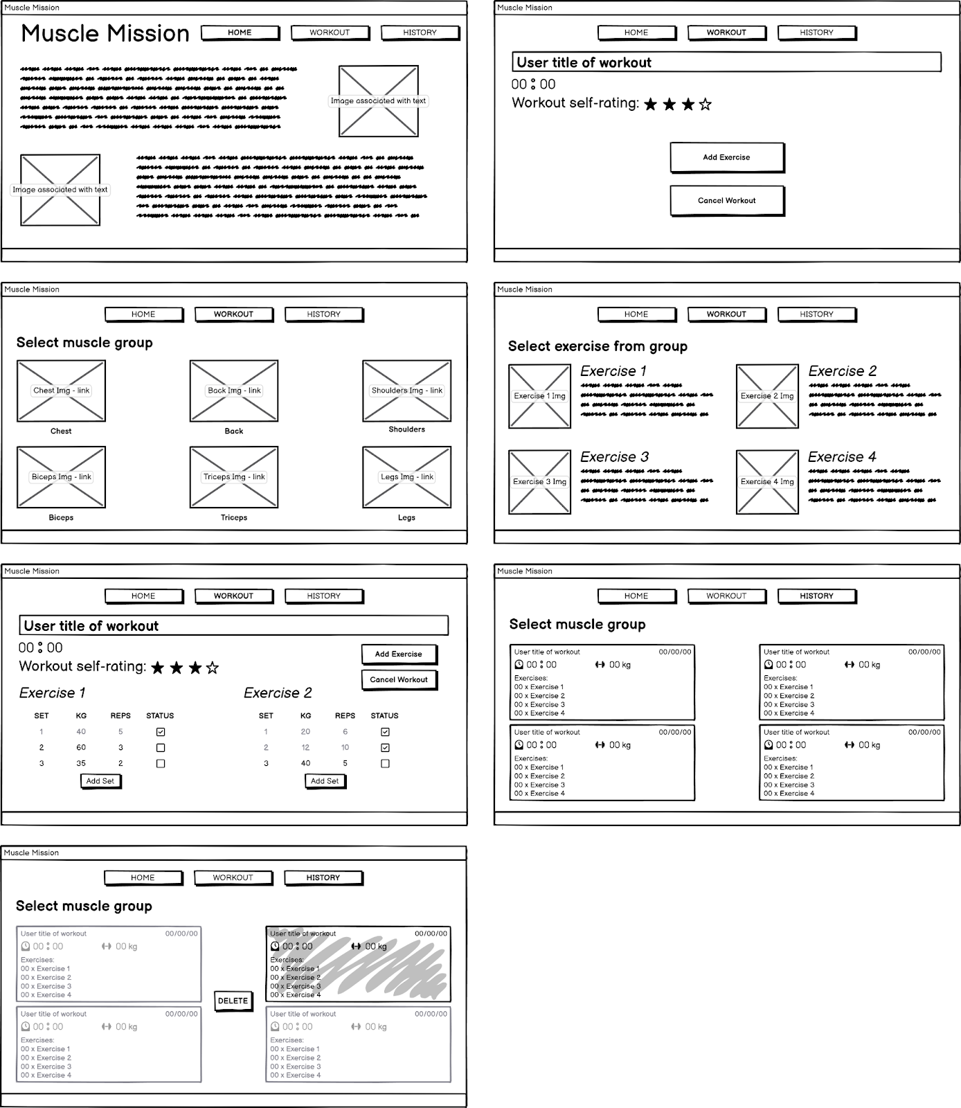 Muscle Mission desktop wireframes created in Balsamiq