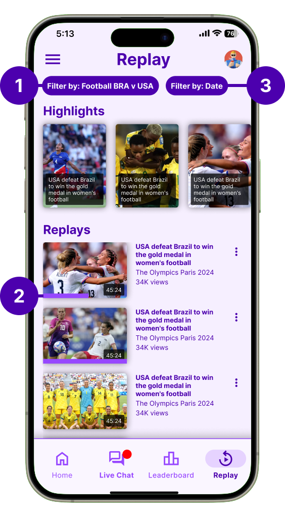 Improved replay screen with filtering options